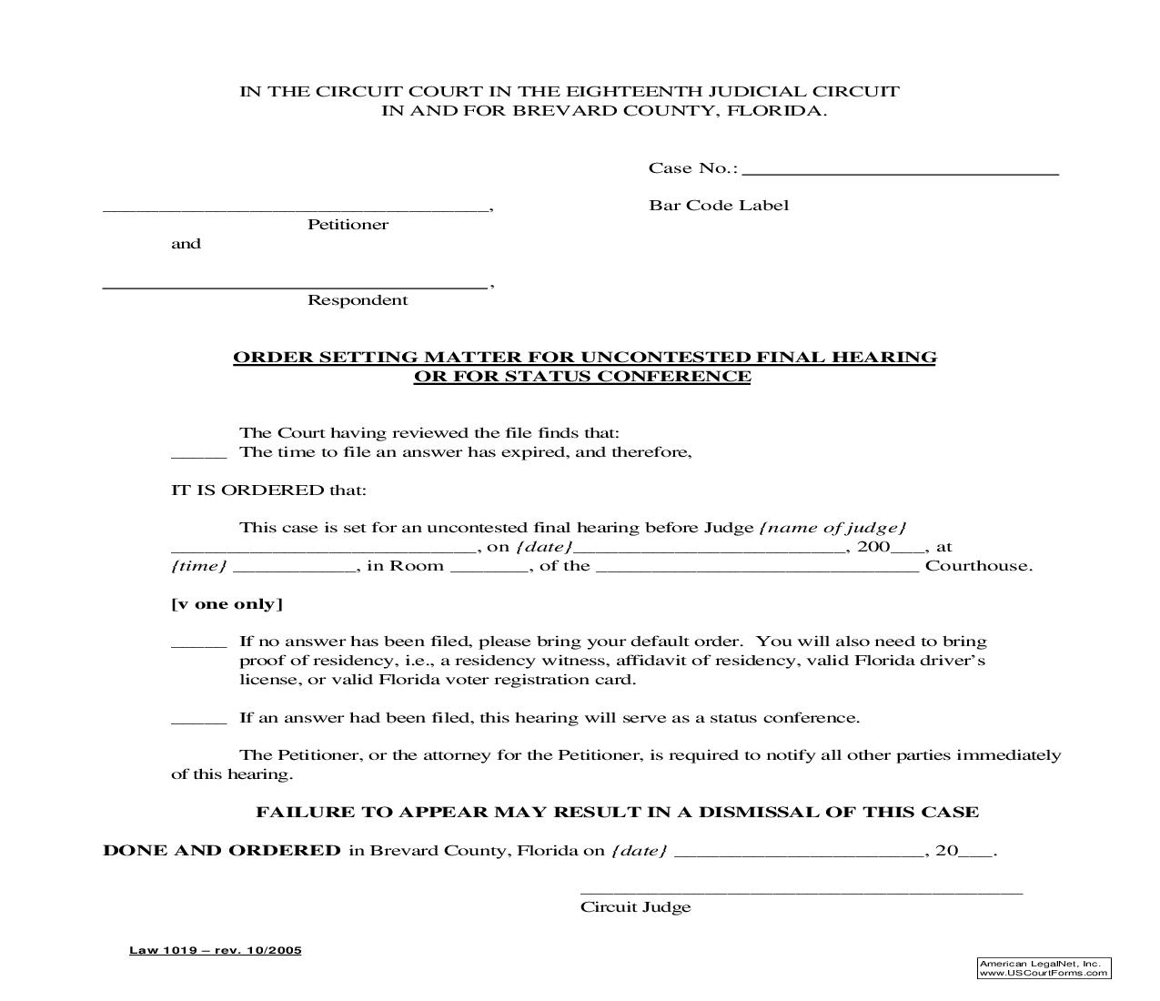 Order Setting Matter For Uncontested Final Hearing Or Status Conference {Law 1019} | Pdf Fpdf Doc Docx | Florida
