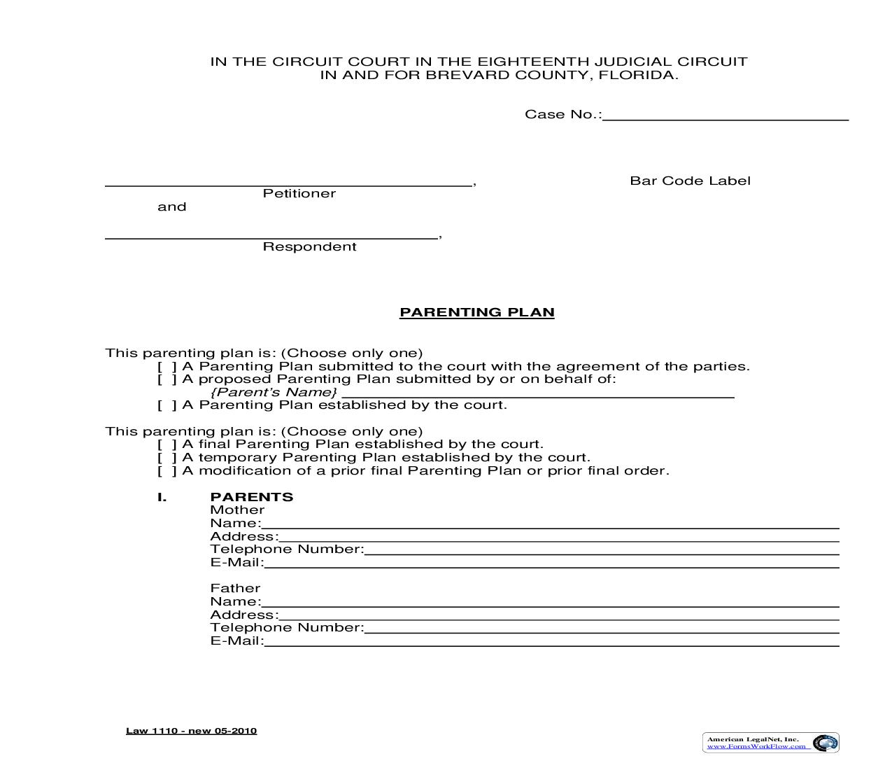 Parenting Plan {Law 1110} | Pdf Fpdf Doc Docx | Florida