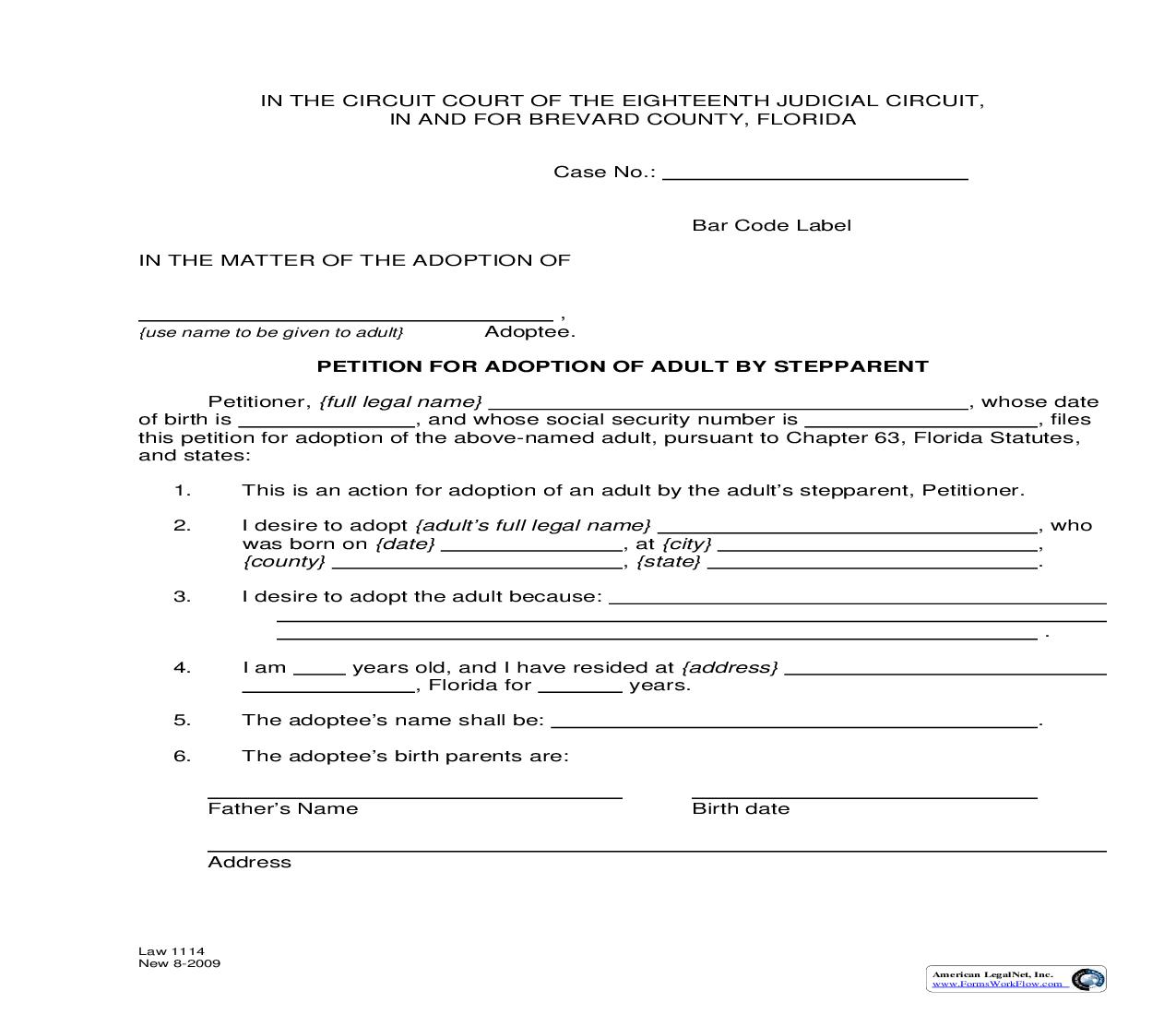 Petition For Adoptoin Of Adult By Stepparent {Law 1114} | Pdf Fpdf Doc Docx | Florida