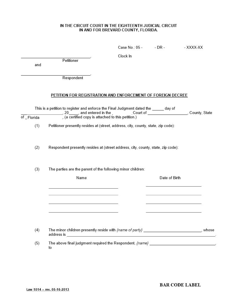 Petition For Registration And Enforcement Of Foreign Decree {Law 1014} | Pdf Fpdf Doc Docx | Florida