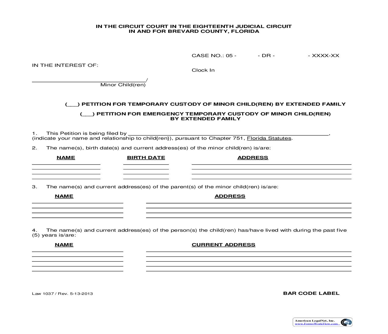 Petition For Temporary-Emergency Custody Of Minor Children By Extended Family {Law 1037} | Pdf Fpdf Doc Docx | Florida