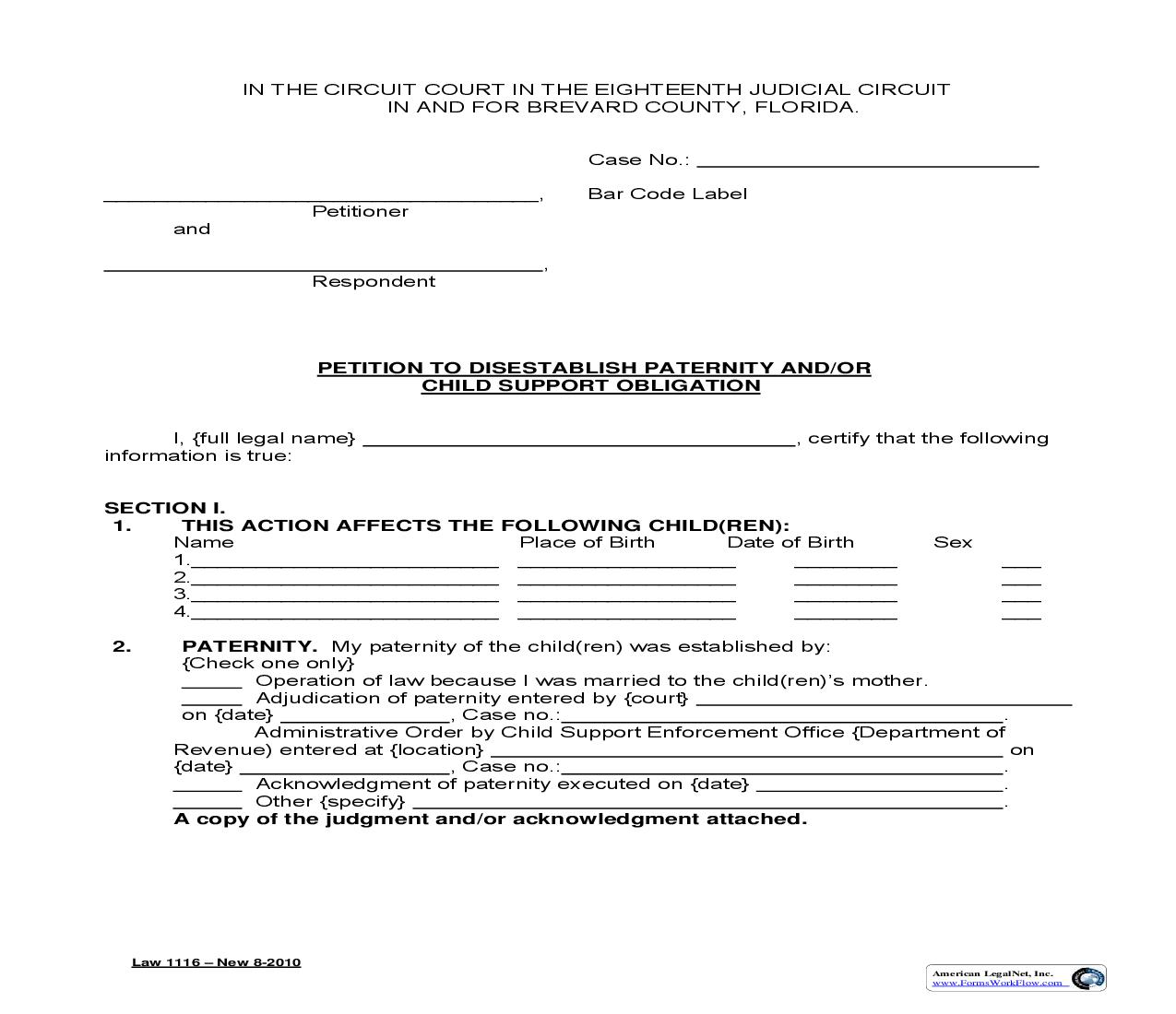 Petition To Disestablish Paternity And-Or Child Support Obligation {Law 1116} | Pdf Fpdf Doc Docx | Florida