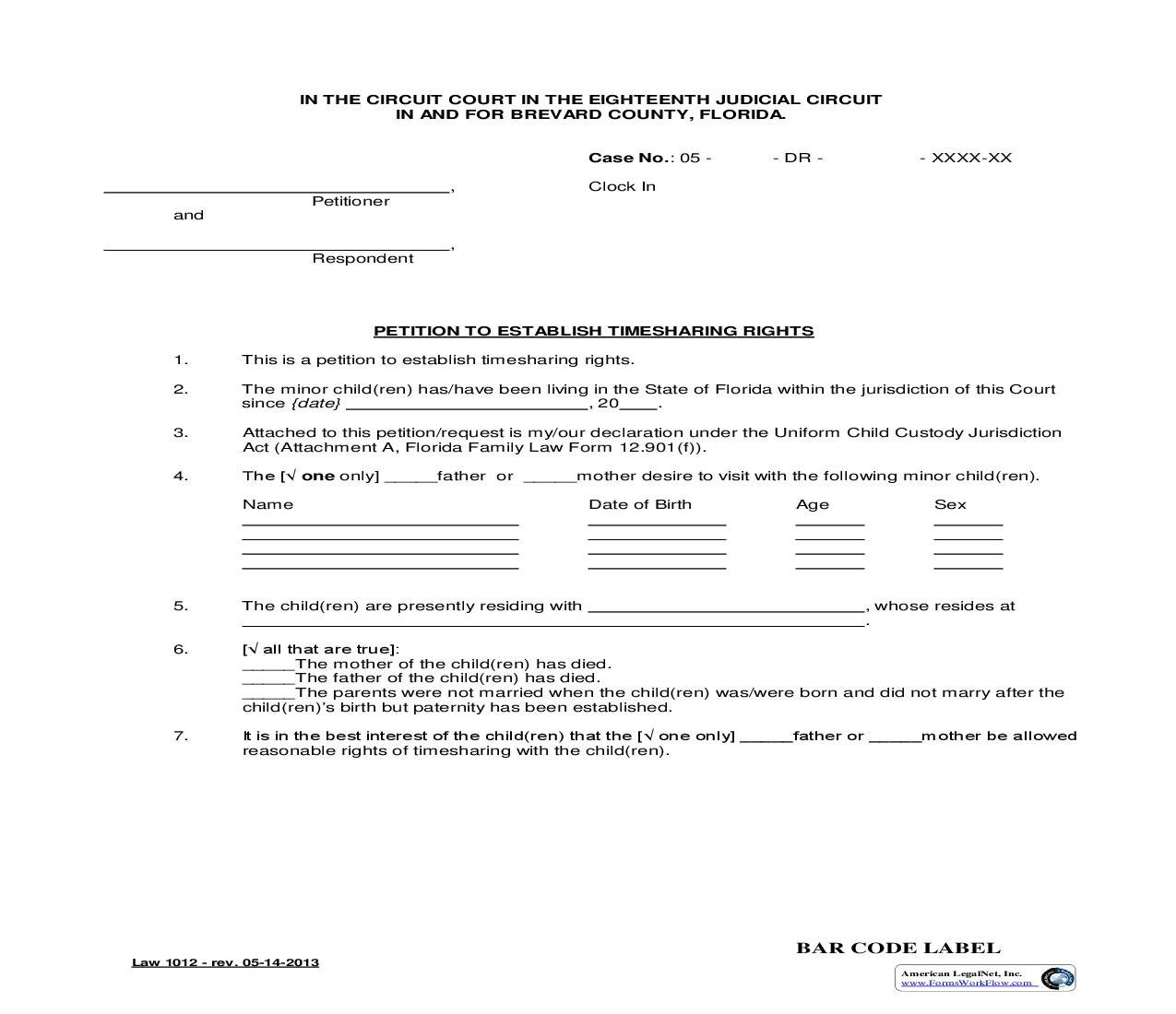 Petition To Establish Timesharing Rights {Law 1012} | Pdf Fpdf Doc Docx | Florida