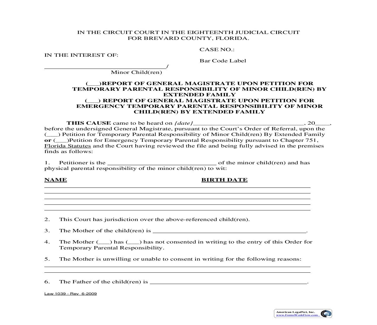 Report Of General Magistrate - Petition For Temporary-Emergency Parental Responsibility For Minor Child(ren) By Extended Family {Law 1039} | Pdf Fpdf Doc Docx | Florida