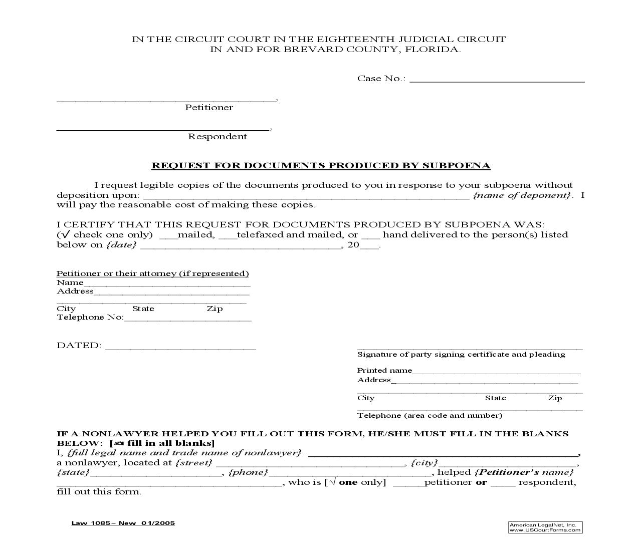 Request For Documents Produced By Supoena {Law 1085} | Pdf Fpdf Doc Docx | Florida