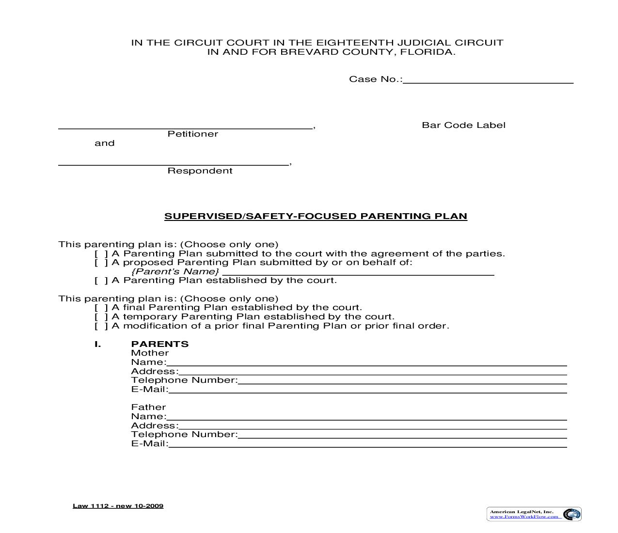 Supervised-Safety-Focused Parenting Plan {Law 1112} | Pdf Fpdf Doc Docx | Florida