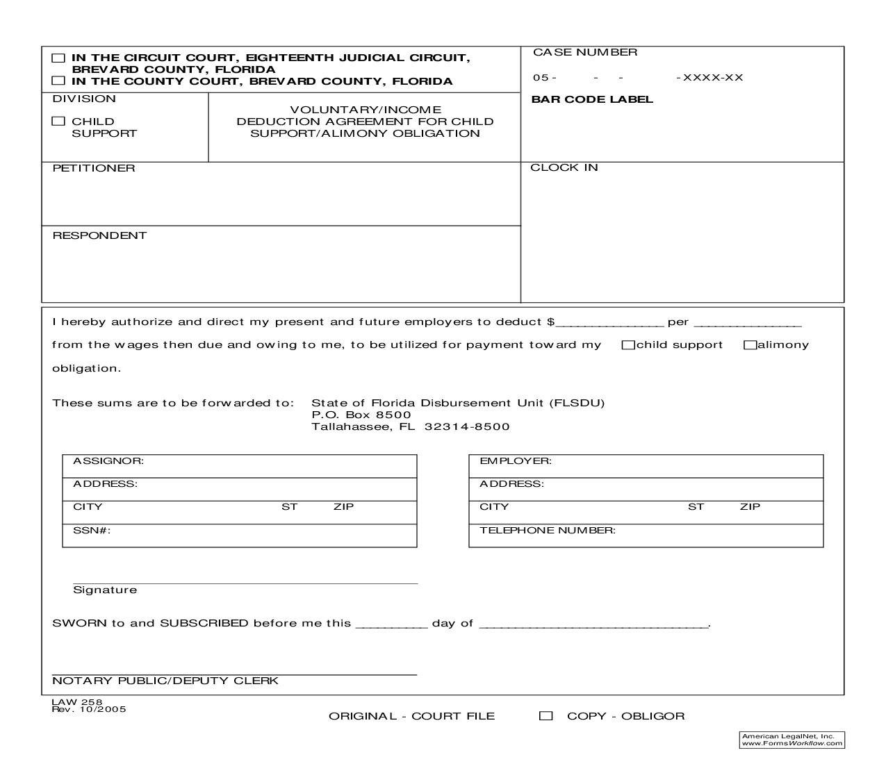 Voluntary Income Deduction Agreement For Child Supprt-Alimony Agreement {Law 258} | Pdf Fpdf Doc Docx | Florida