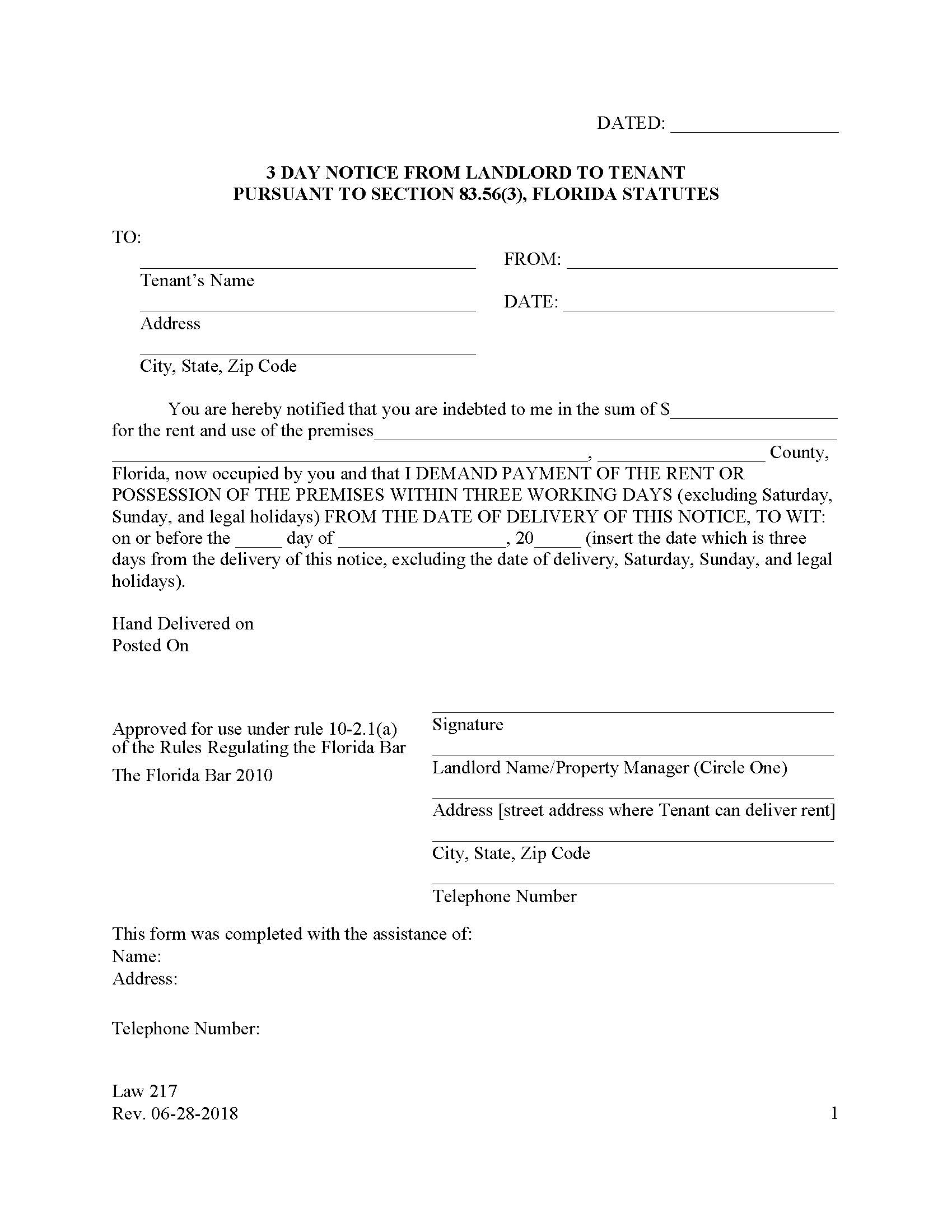 3 Day Notice To Tenant (Pursuant To Chapter 83.56(3) F.S. {Law 217} | Pdf Fpdf Doc Docx | Florida