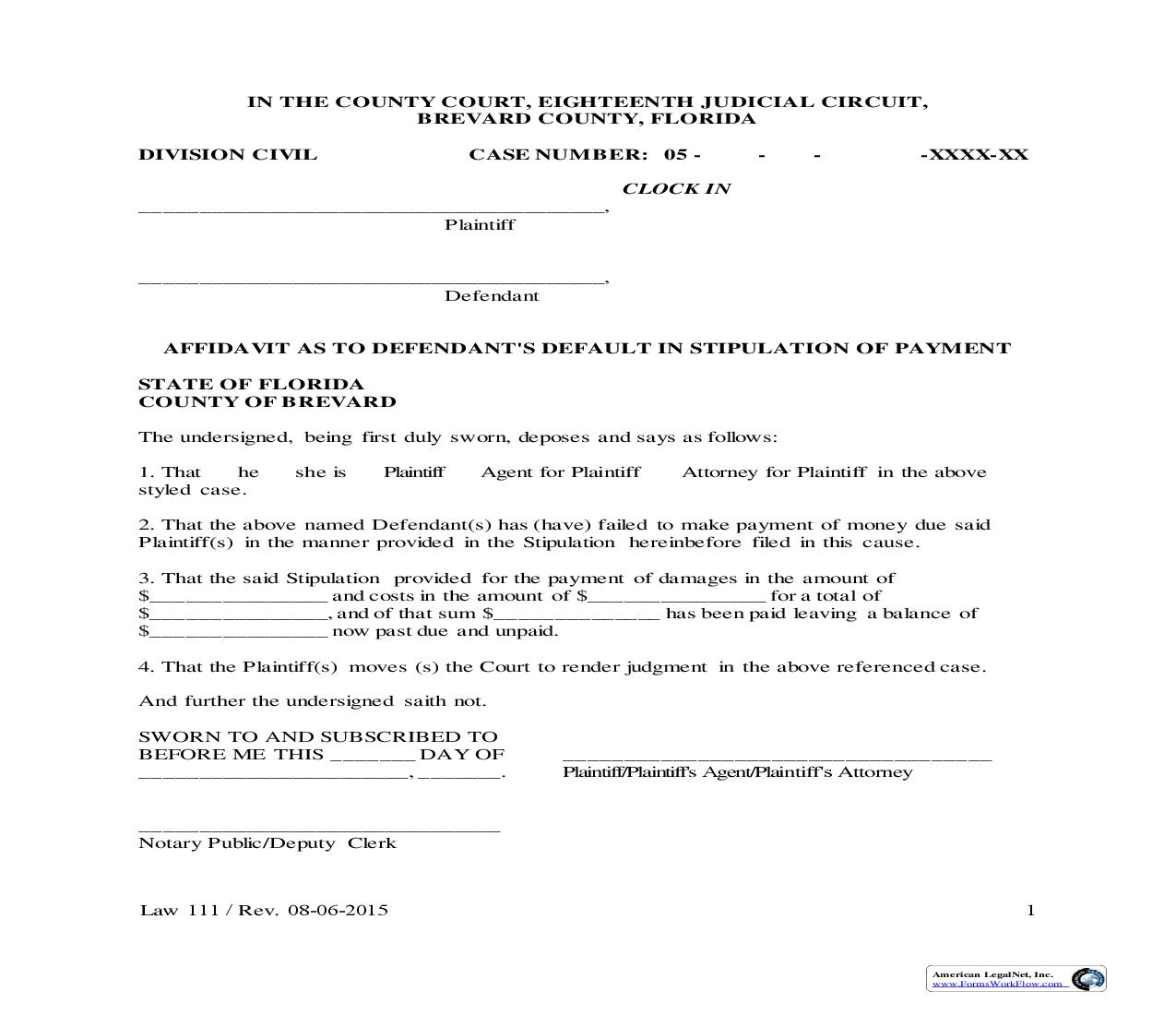 Affidavit As To Defendants Default In Stipulation Of Payment {Law 111} | Pdf Fpdf Doc Docx | Florida