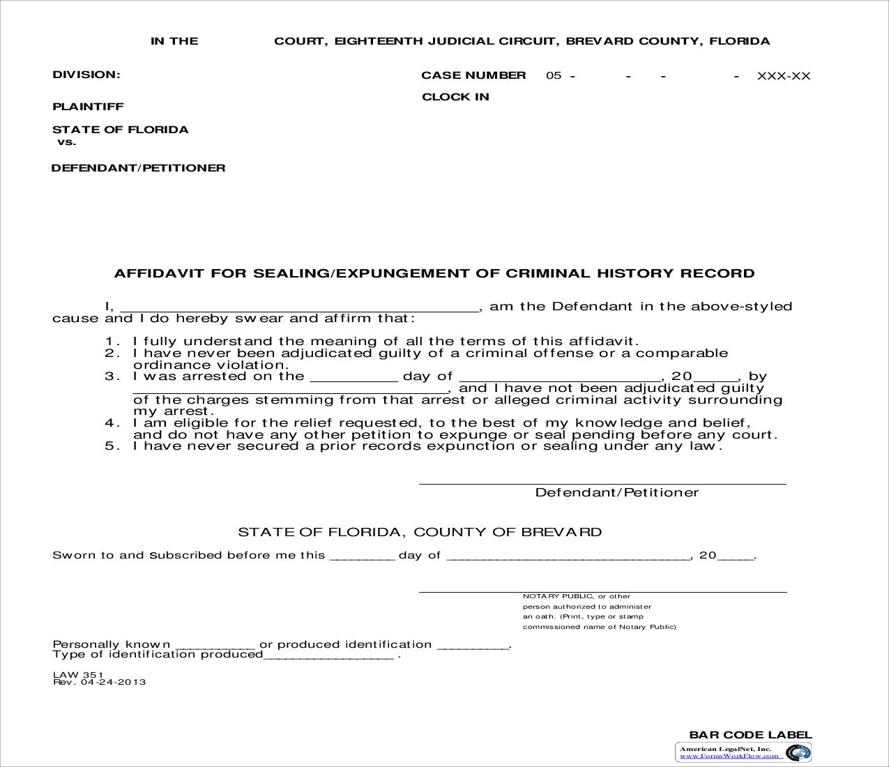 Affidavit For Sealing-Expungement Of Criminal History Record {Law 351} | Pdf Fpdf Doc Docx | Florida