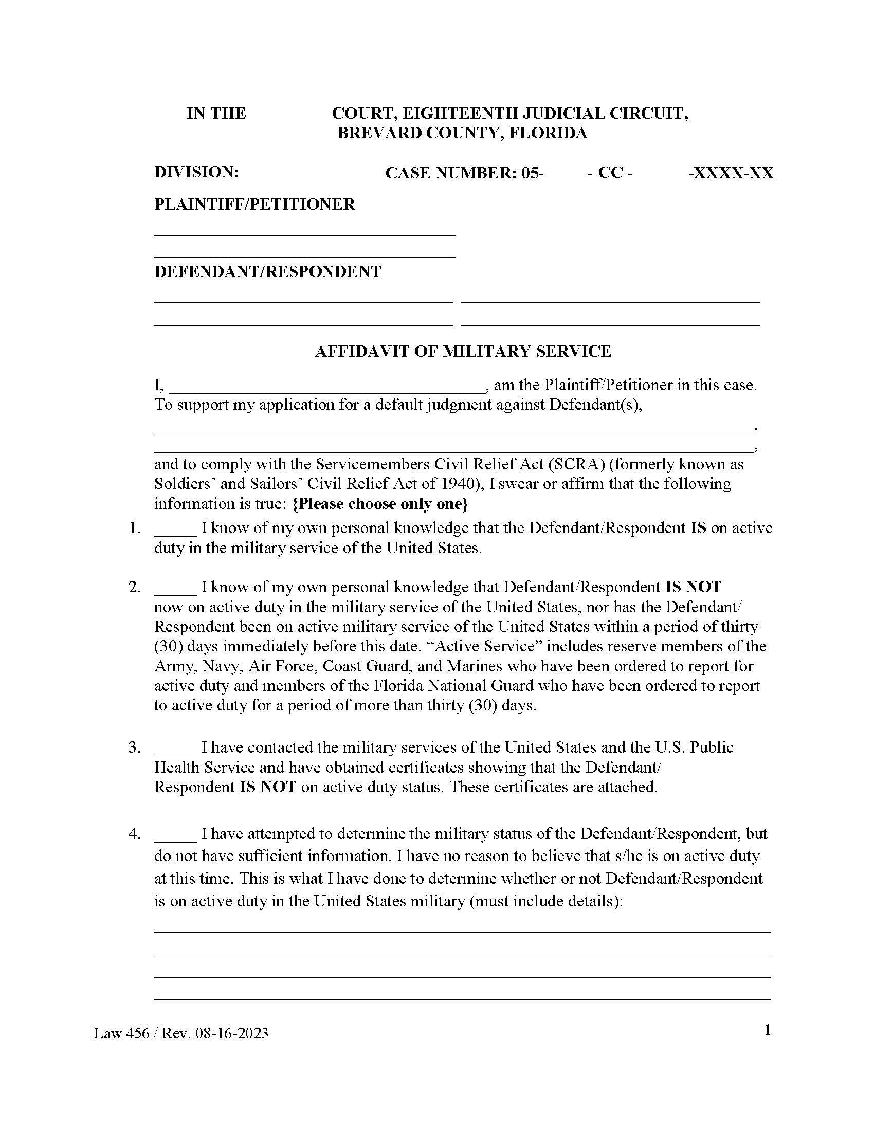Affidavit Of Military Service {Law 456} | Pdf Fpdf Docx | Florida