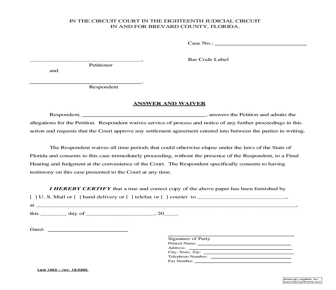 Answer And Waiver {Law 1002} | Pdf Fpdf Doc Docx | Florida