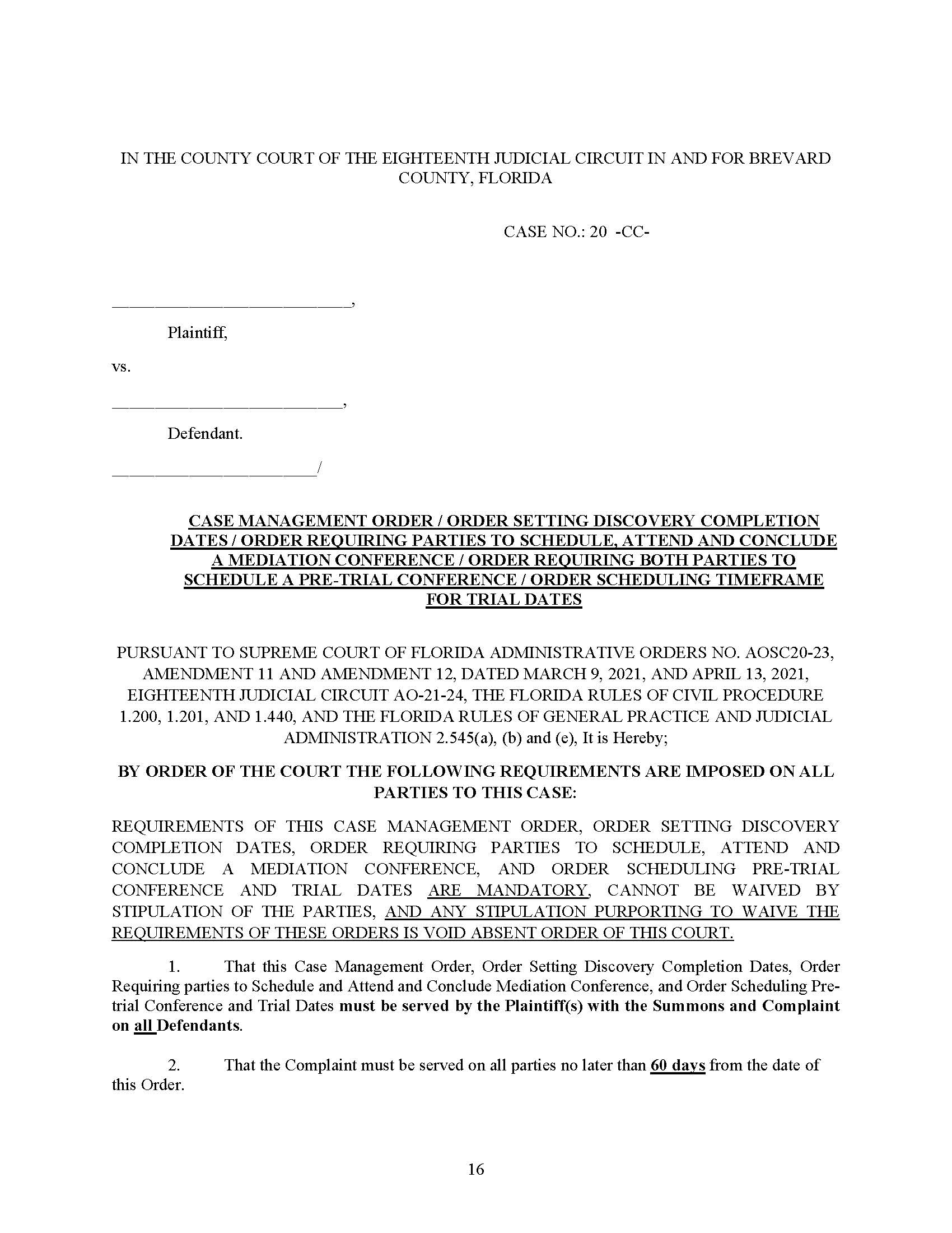 Case Management Order (County Court Cases Filed 4-30-21 To 5-5-21) | Pdf Fpdf Docx | Florida