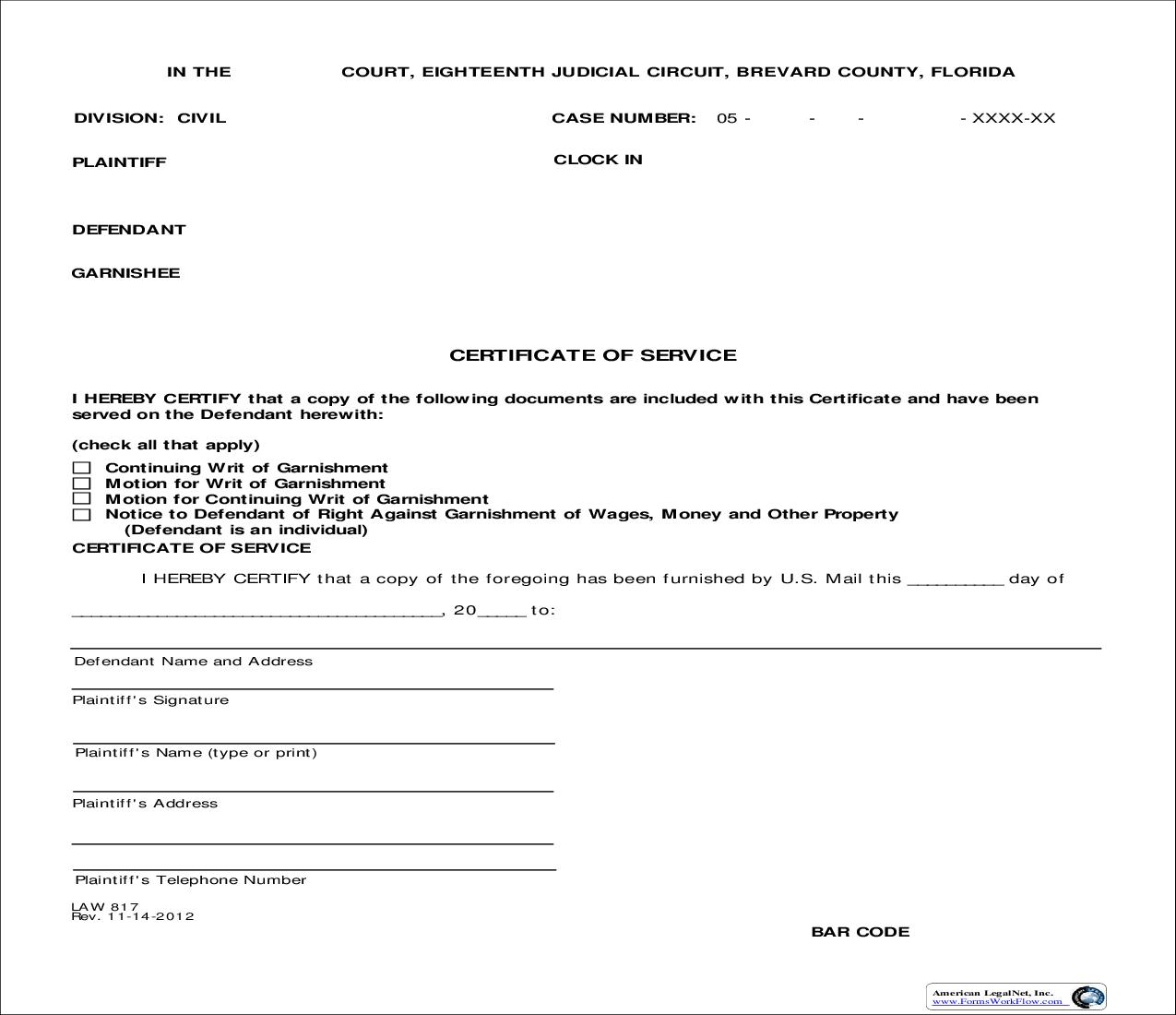 Certificate Of Service On Defendant {Law 817} | Pdf Fpdf Doc Docx | Florida