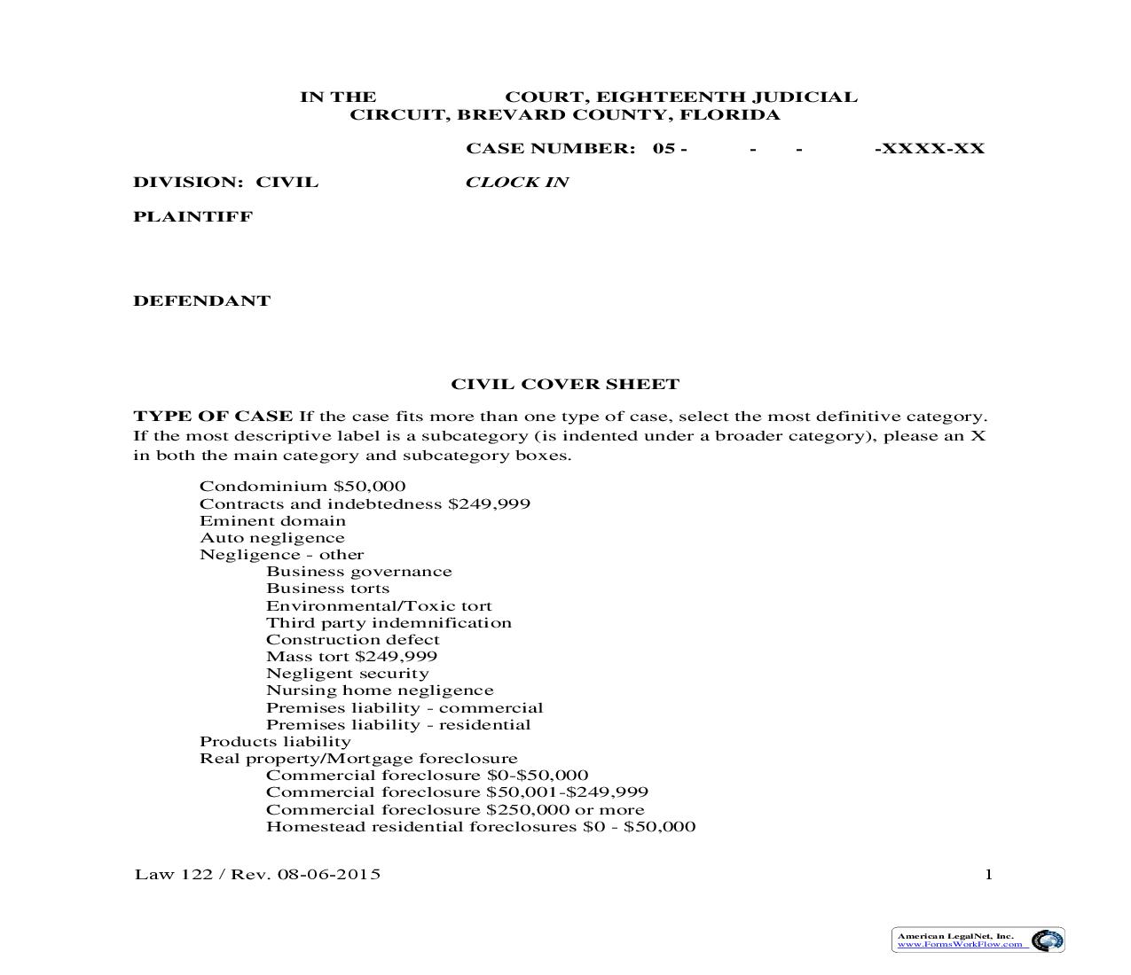 Civil Cover Sheet {Law 122} | Pdf Fpdf Doc Docx | Florida