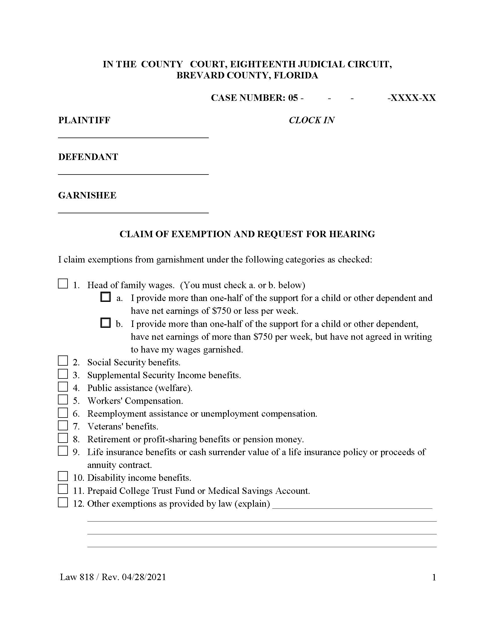 Claim Of Exemption And Request For Hearing {Law 818} | Pdf Fpdf Docx | Florida