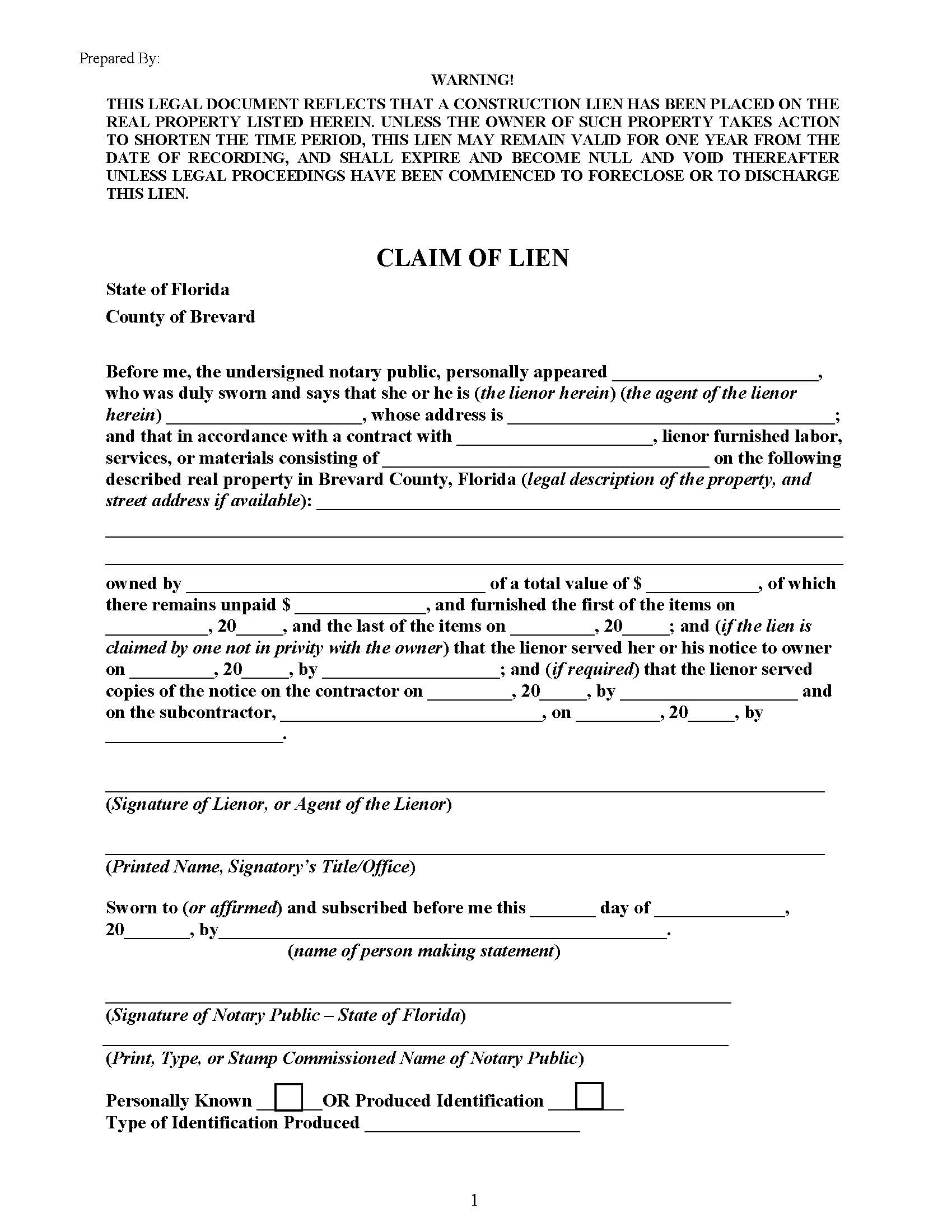 Claim Of Lien | Pdf Fpdf Doc Docx | Florida