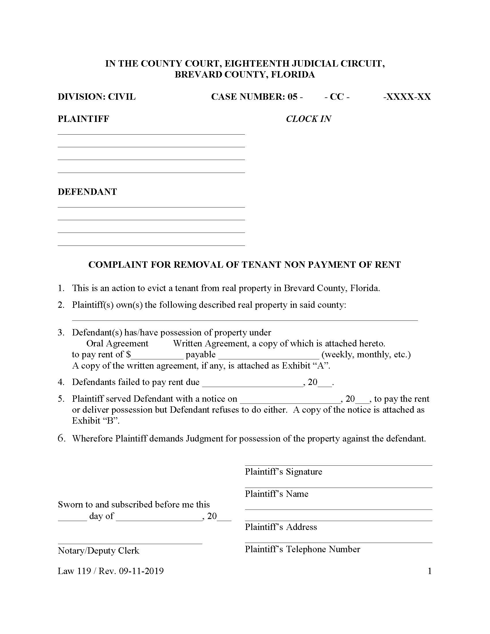 Complaint For Removal Of Tenant Nonpayment Of Rent {Law 119} | Pdf Fpdf Doc Docx | Florida