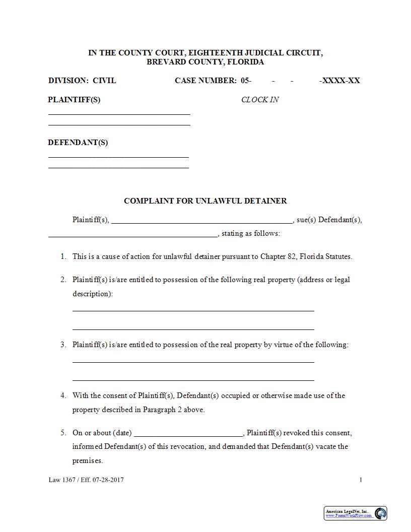 Complaint For Unlawful Detainer {Law 1367} | Pdf Fpdf Docx | Florida