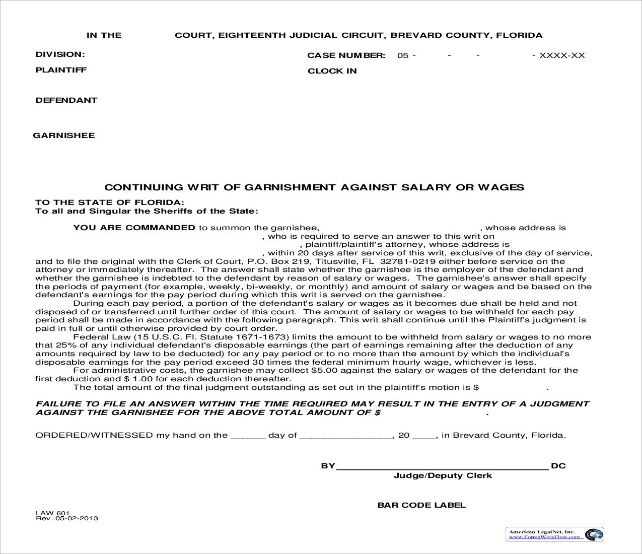 Continuing Writ Of Garnishment {Law 601} | Pdf Fpdf Doc Docx | Florida
