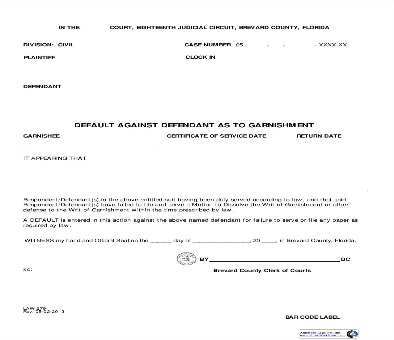 Default Against Defendant As To Garnishment {Law 279} | Pdf Fpdf Doc Docx | Florida