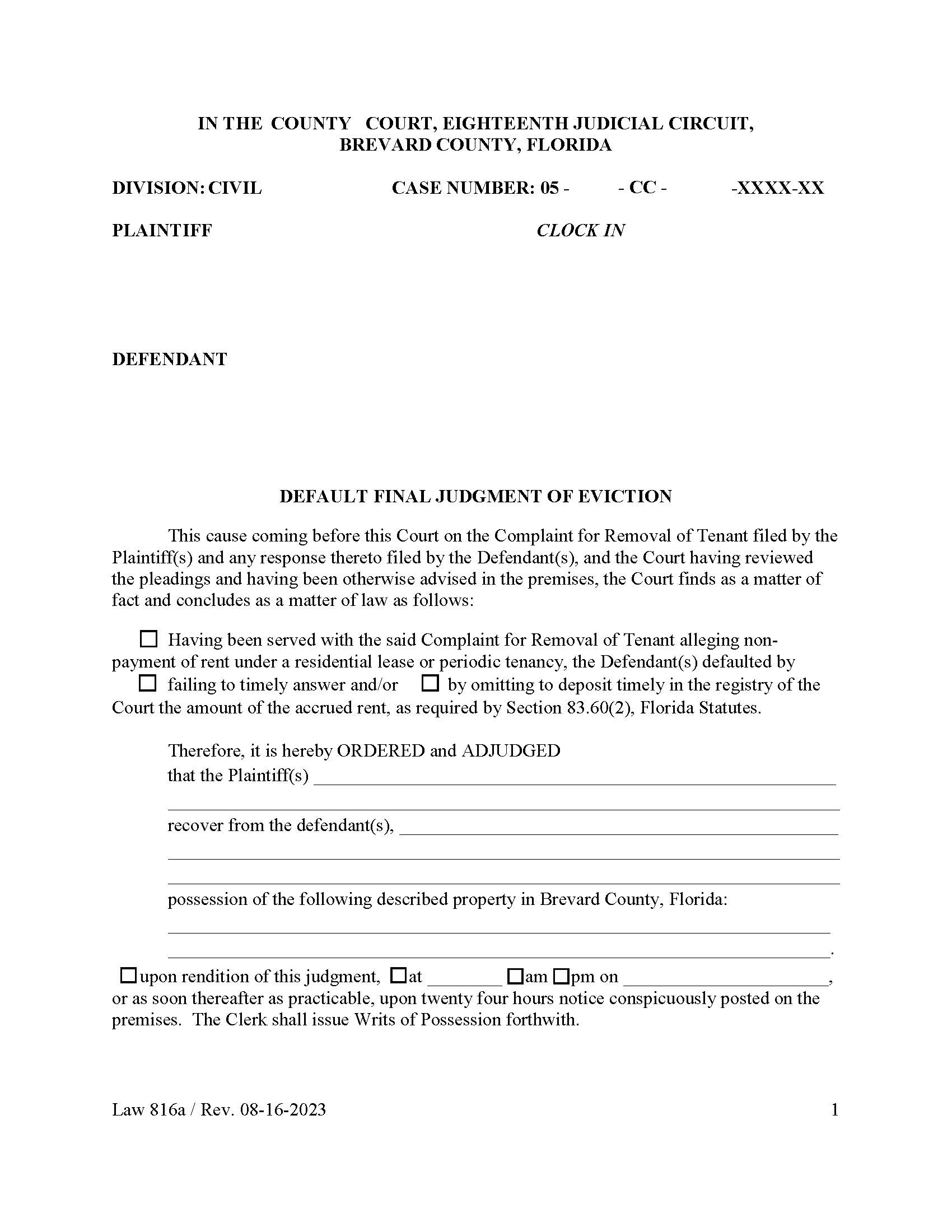 Default Final Judgment Of Eviction {Law 816a} | Pdf Fpdf Doc Docx | Florida