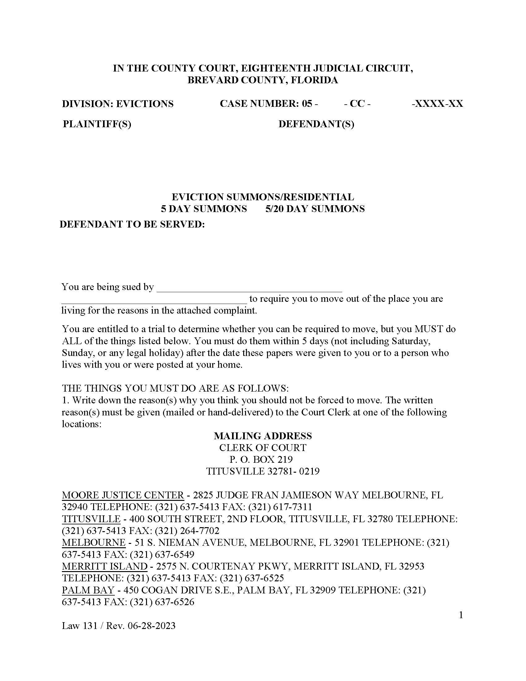 Eviction Summons - Residential {Law 131} | Pdf Fpdf Docx | Florida