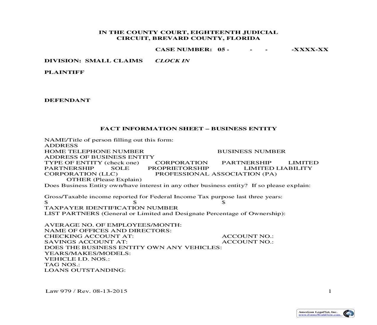 Fact Information Sheet Business Entity {Law 979} | Pdf Fpdf Doc Docx | Florida