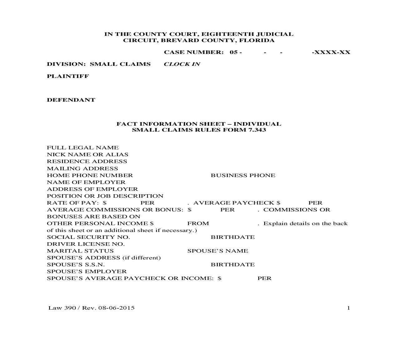 Fact Information Sheet Small Claims Rules {Law 390} | Pdf Fpdf Doc Docx | Florida
