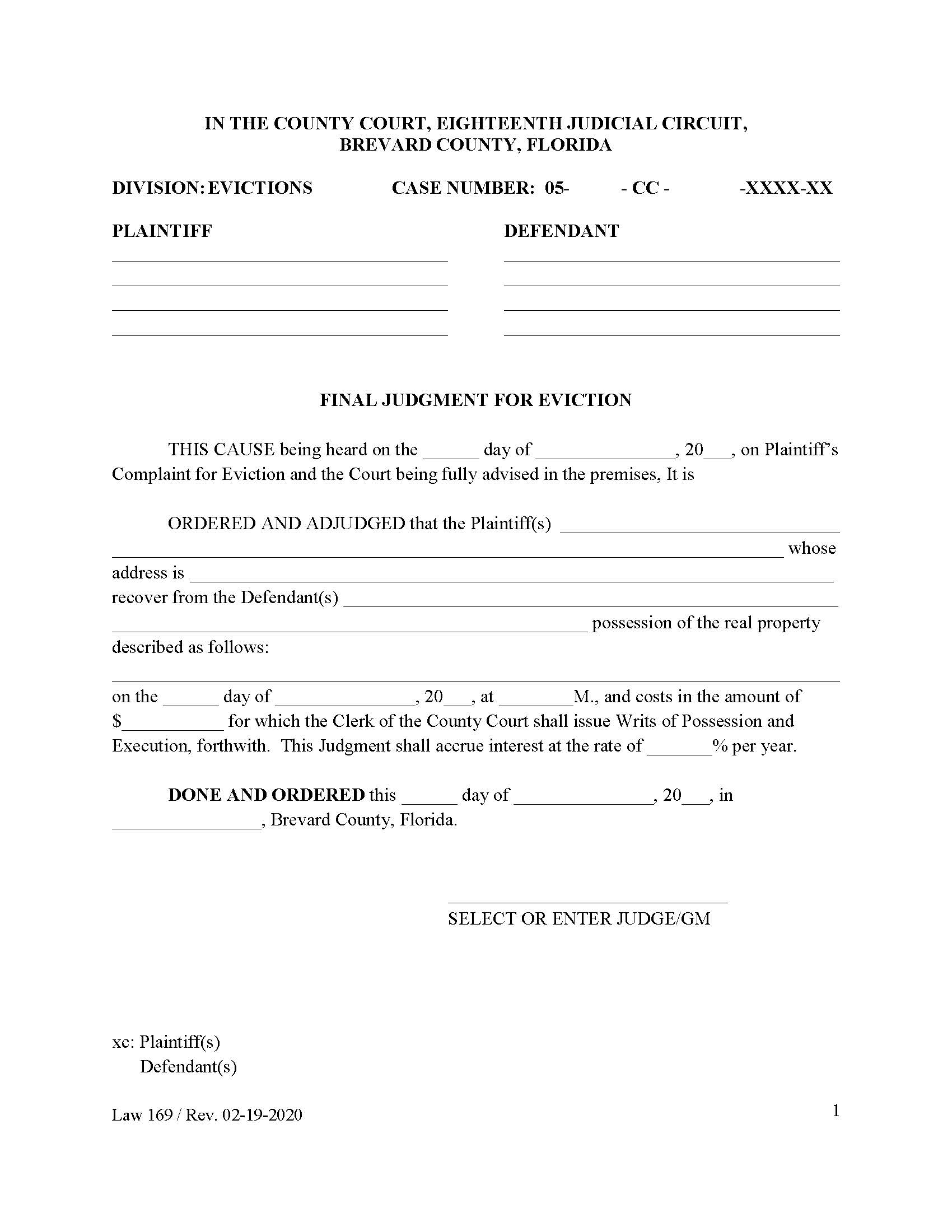 Final Judgment For Eviction {Law 169} | Pdf Fpdf Doc Docx | Florida