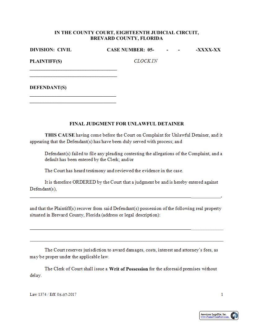 Final Judgment For Unlawful Detainer {Law 1374} | Pdf Fpdf Docx | Florida