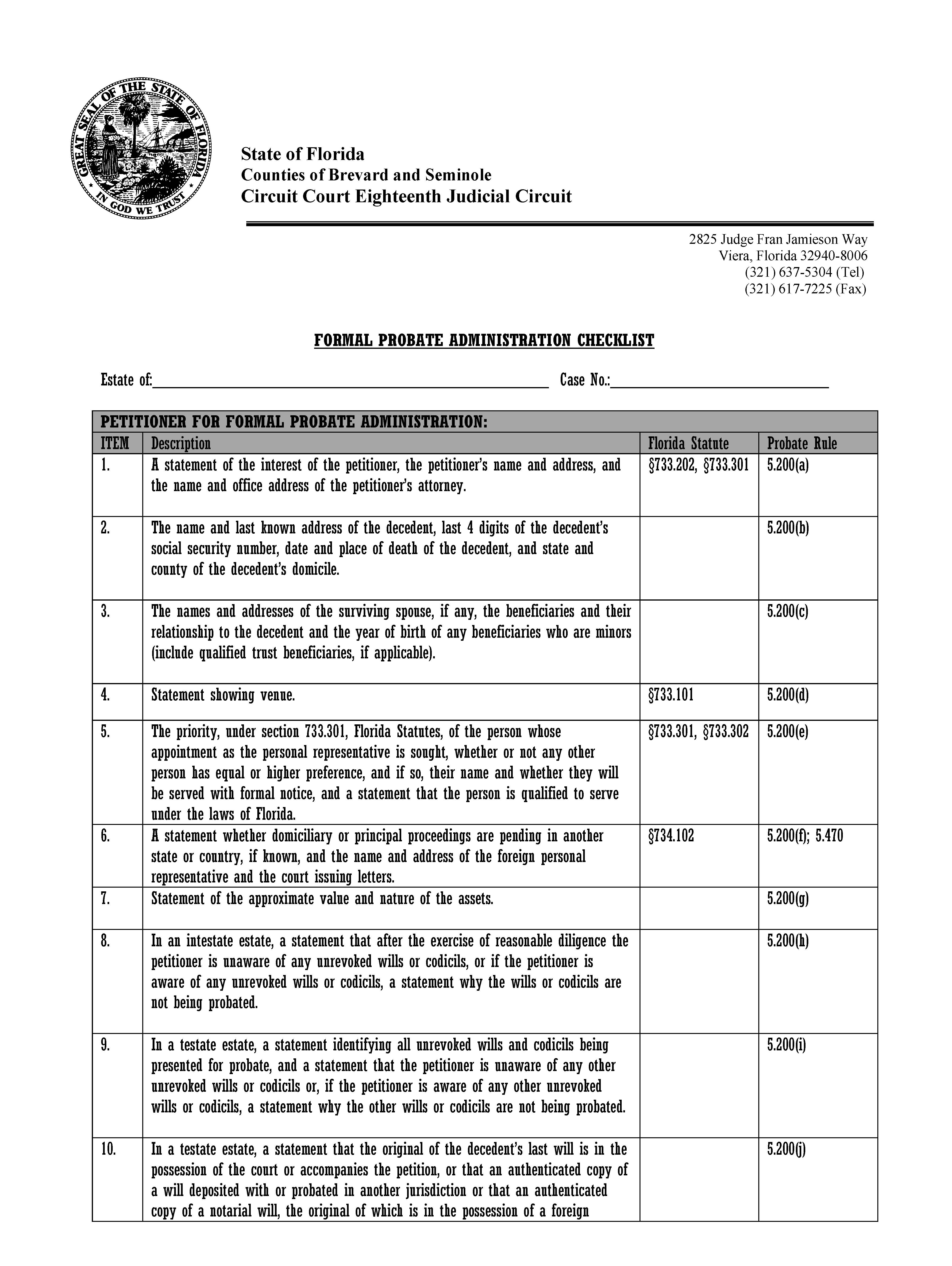 Formal Probate Administration Checklist {BRV-FPAC} | Pdf Fpdf Docx | Florida