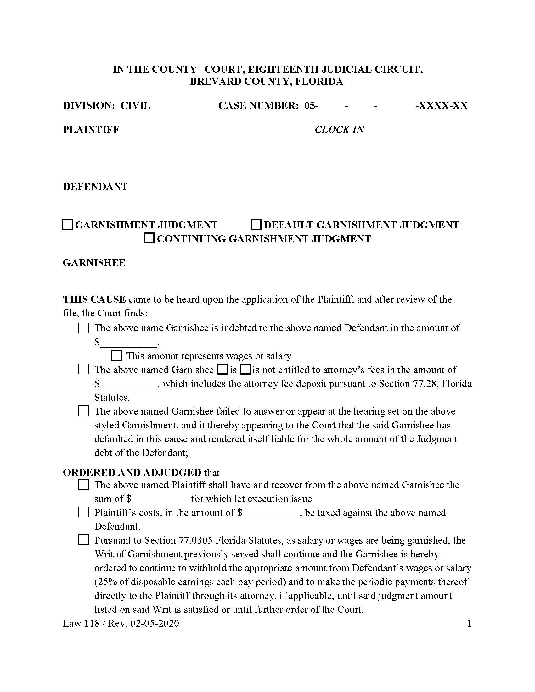 Garnishment Judgment-Default Garnishment Judgment-Continuing Garnishment Judgment {Law 118} | Pdf Fpdf Doc Docx | Florida