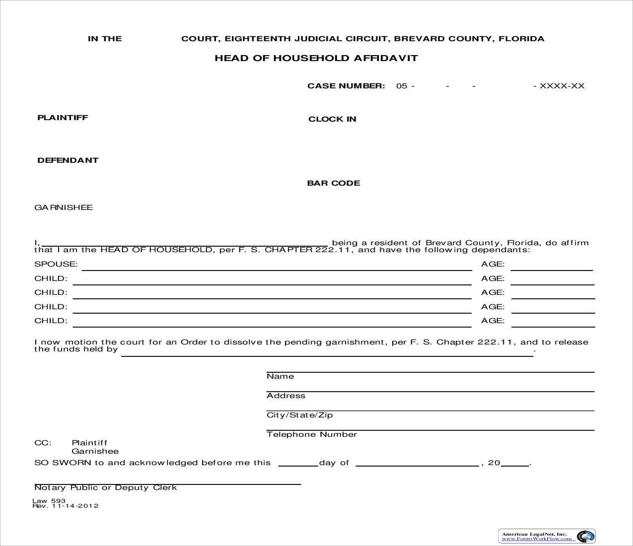 Head Of Household Affidavit {Law 593} | Pdf Fpdf Doc Docx | Florida