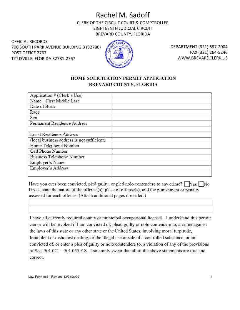 Home Solicitation Permit Application {Law 963} | Pdf Fpdf Doc Docx | Florida