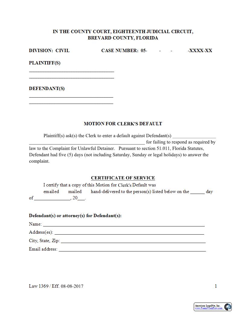 Motion For Clerks Default (Unlawful Detainer) {Law 1369} | Pdf Fpdf Docx | Florida