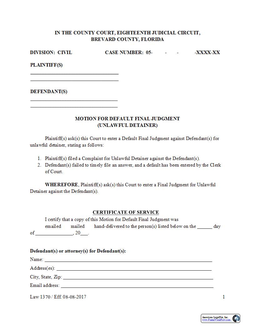 Motion For Default Final Judgment (Unlawful Detainer) {Law 1370} | Pdf Fpdf Docx | Florida