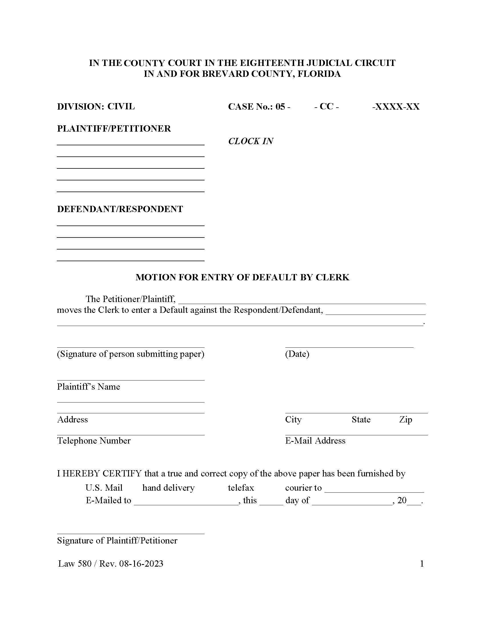 Motion For Entry Of Default By Clerk {Law 580} | Pdf Fpdf Doc Docx | Florida