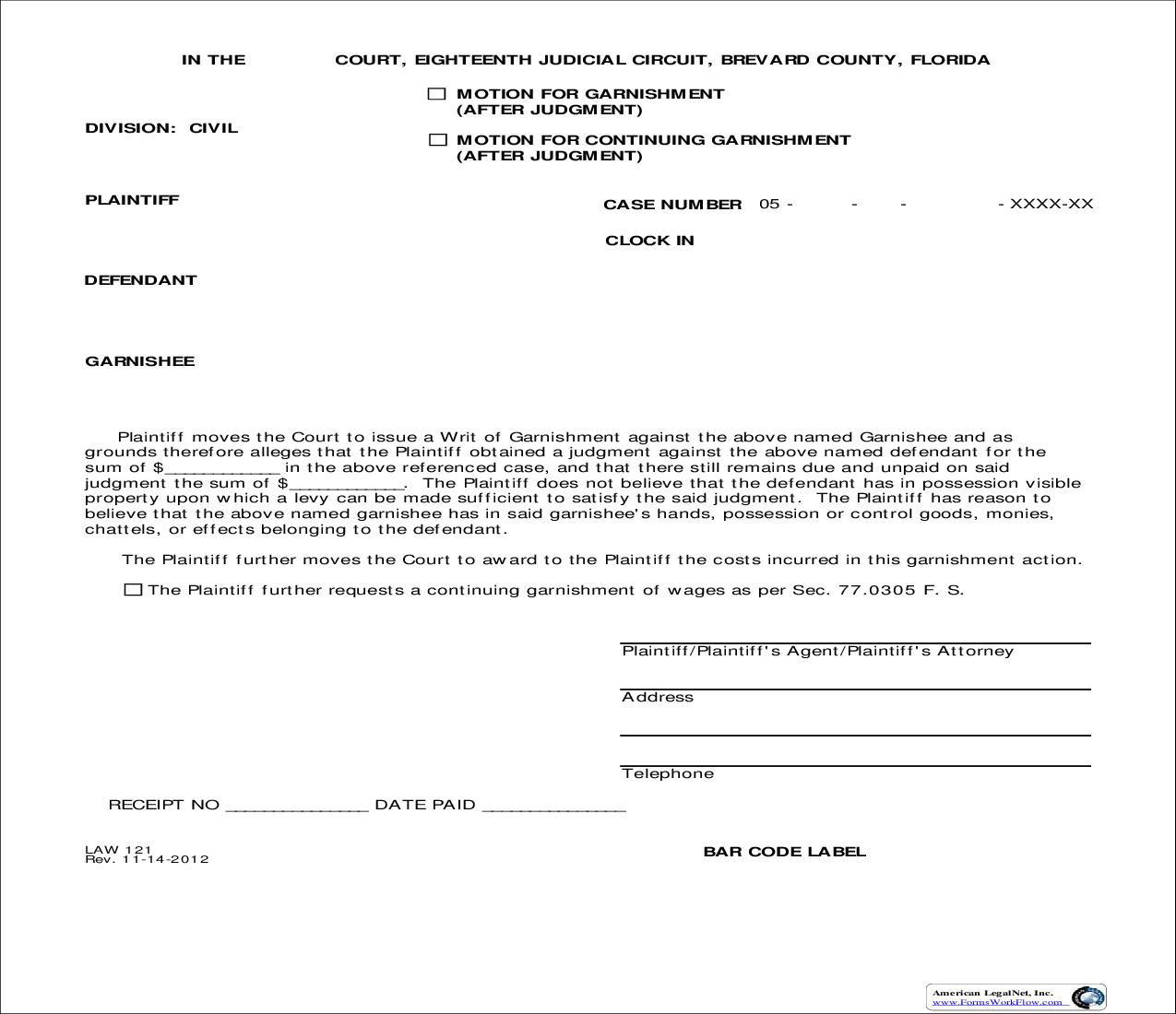 Motion For Garnishment-Continuing Garnishment (After Judgment) {Law 121} | Pdf Fpdf Doc Docx | Florida