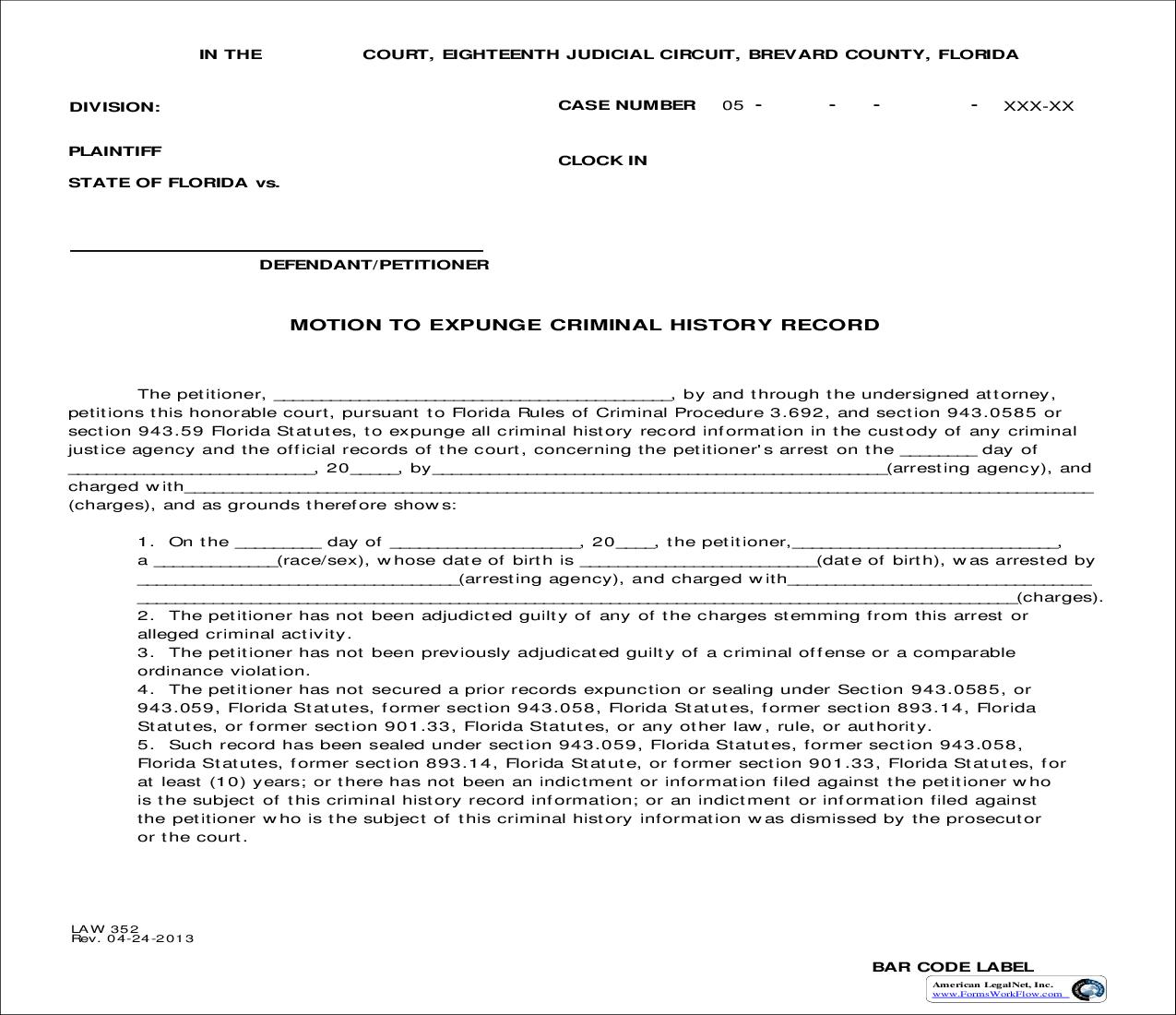 Motion To Expunge Criminal History Record {Law 352} | Pdf Fpdf Doc Docx | Florida