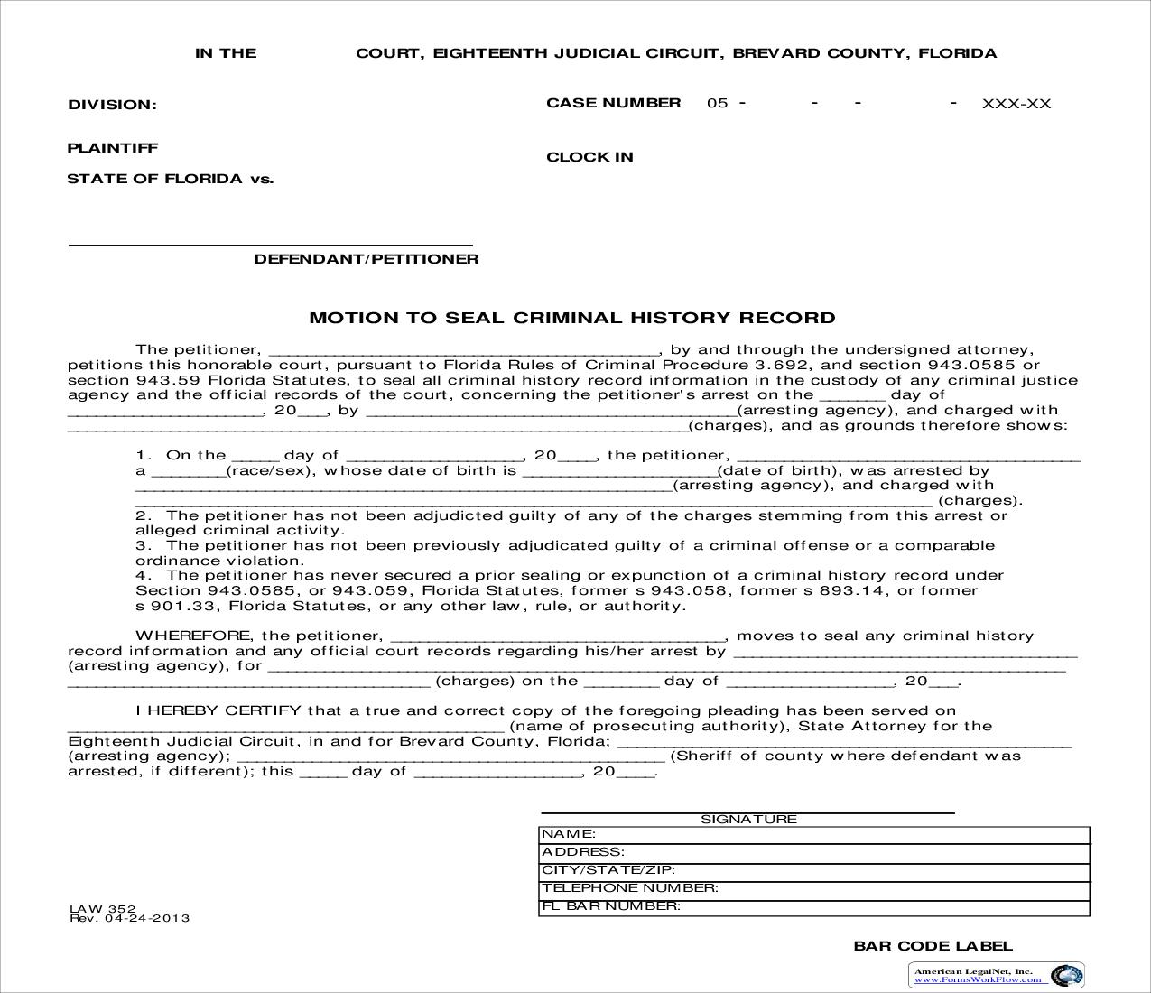 Motion To Seal Criminal History Record {Law 352} | Pdf Fpdf Doc Docx | Florida