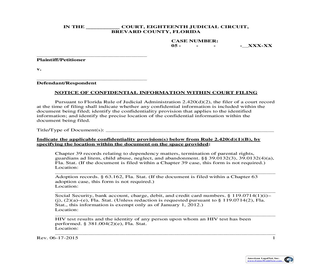 Notice Of Confidential Information Within Court Filing | Pdf Fpdf Doc Docx | Florida