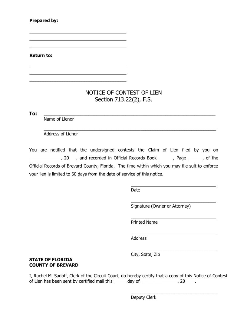 Notice Of Contest Of Lien | Pdf Fpdf Doc Docx | Florida