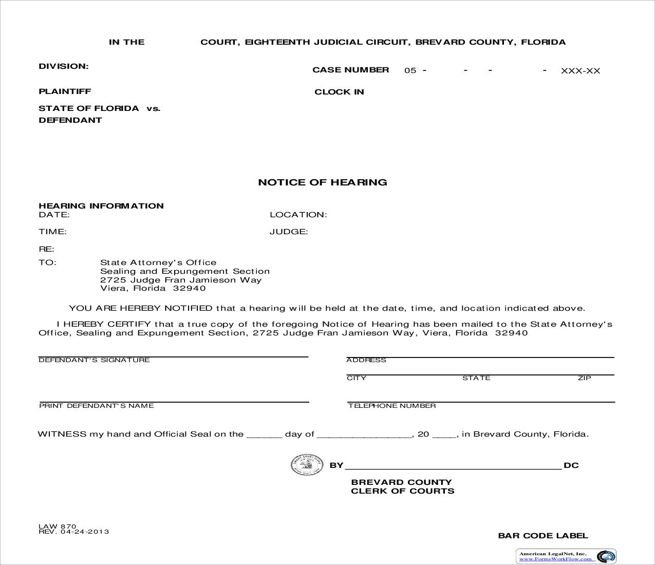 Notice Of Hearing (Sealing-Expungement) {Law 870} | Pdf Fpdf Doc Docx | Florida