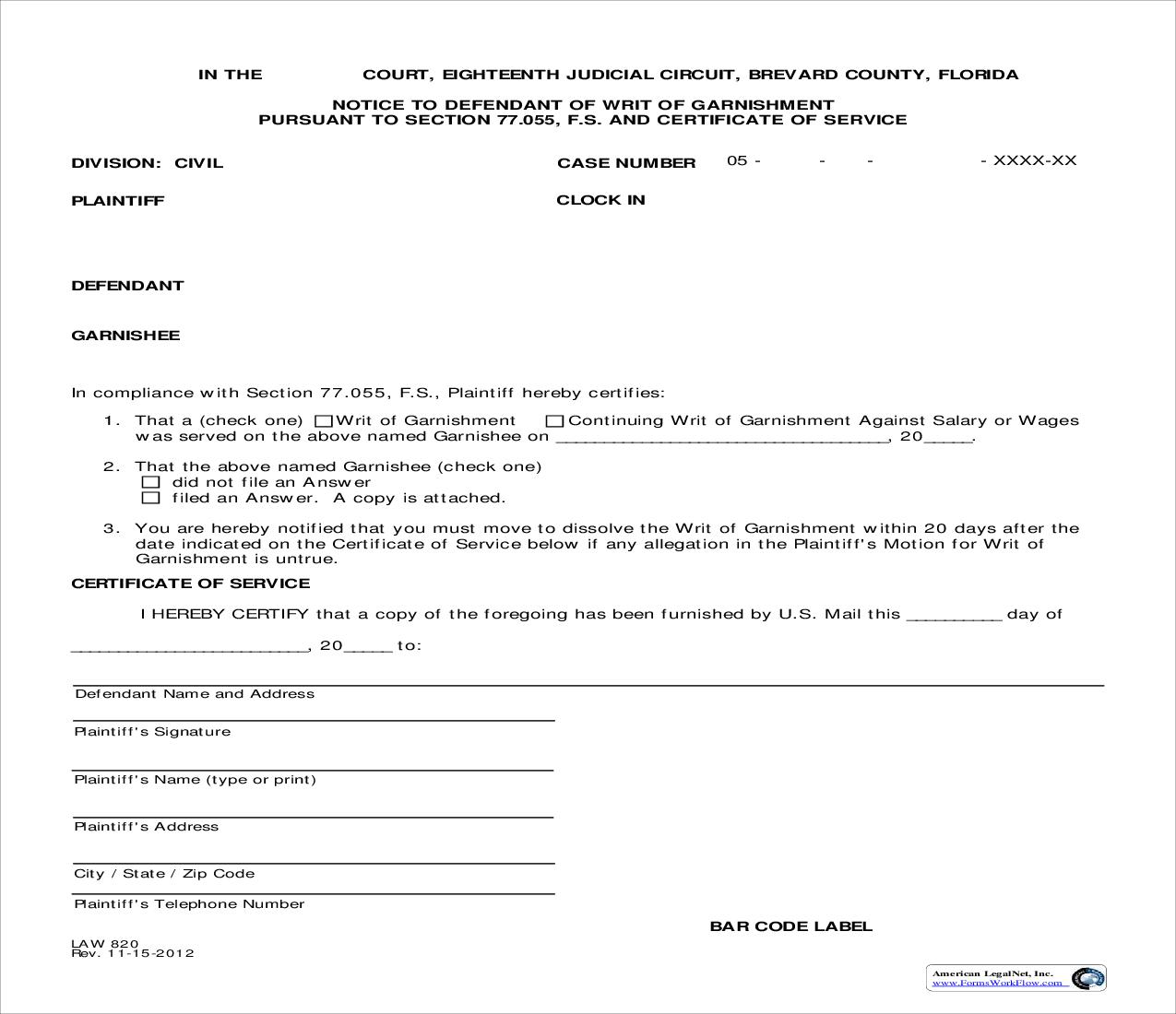 Notice To Defendant Of Writ Of Garnishment {Law 820} | Pdf Fpdf Doc Docx | Florida