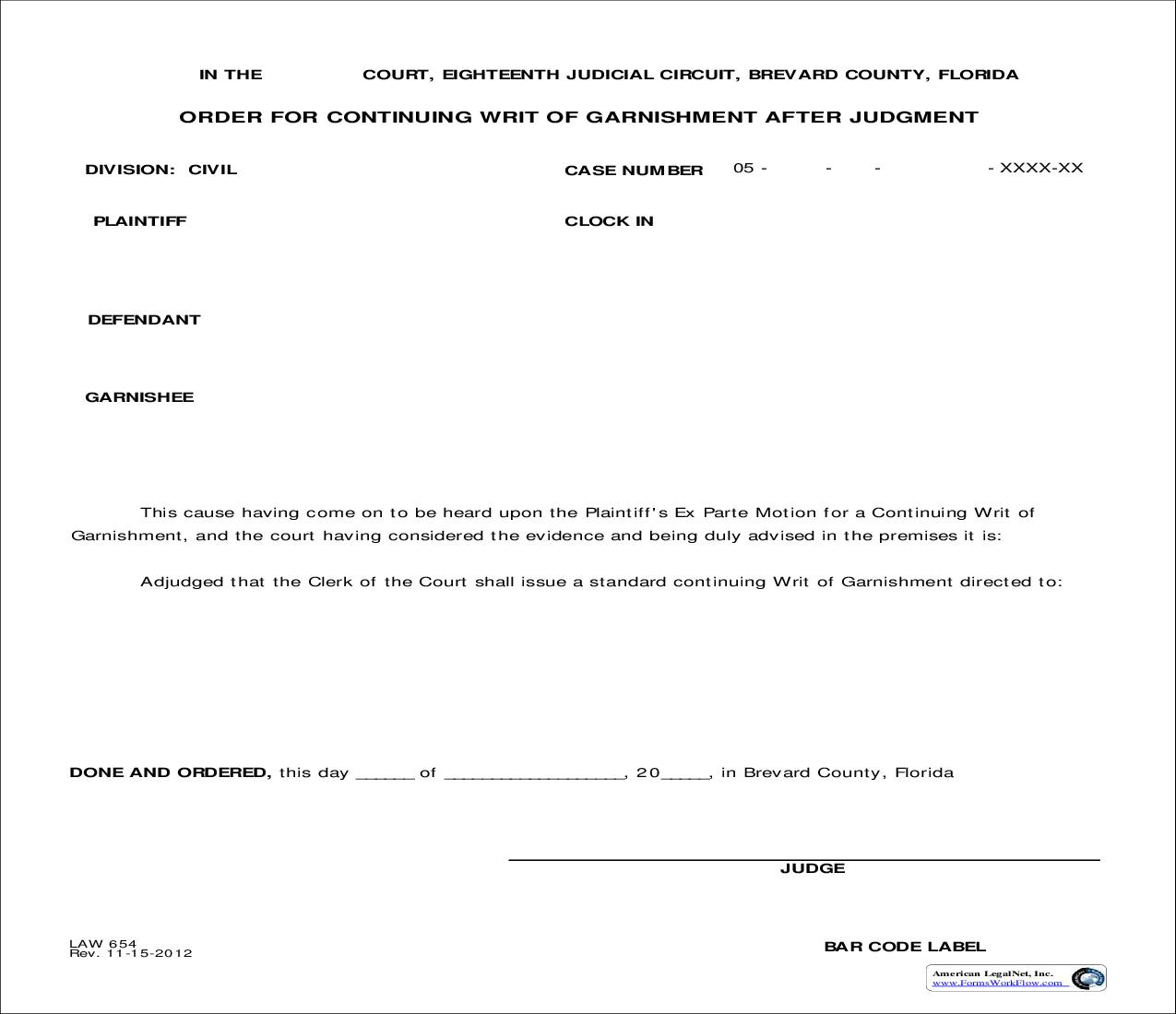 Order For Continuing Writ Of Garnishment After Judgment {Law 654} | Pdf Fpdf Doc Docx | Florida