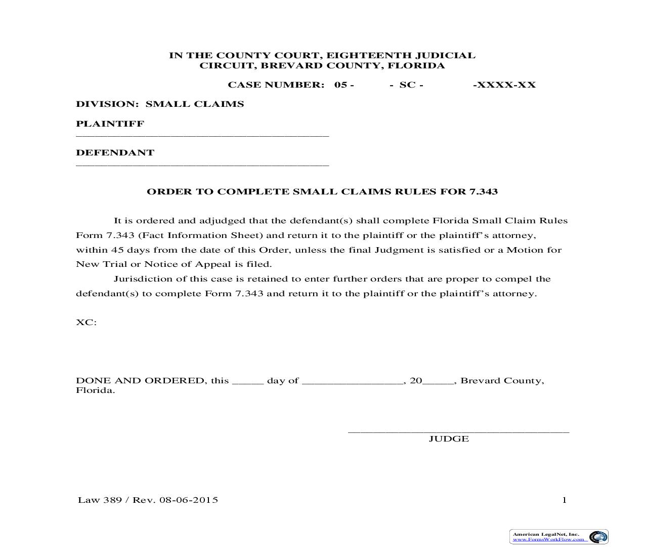 Order To Complete Small Claims Rules {Law 389} | Pdf Fpdf Doc Docx | Florida