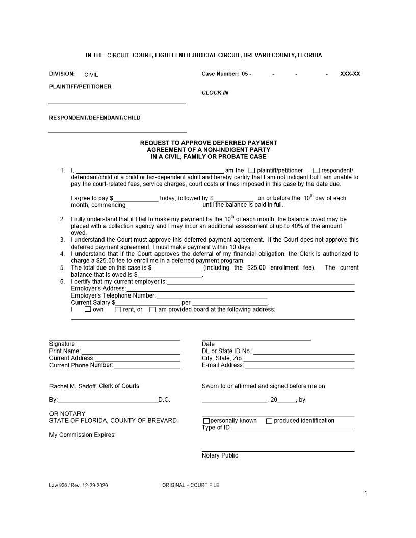 Request To Approve Deferred Payment Non-Indigent Party Civil Family Probate {Law 926} | Pdf Fpdf Docx | Florida