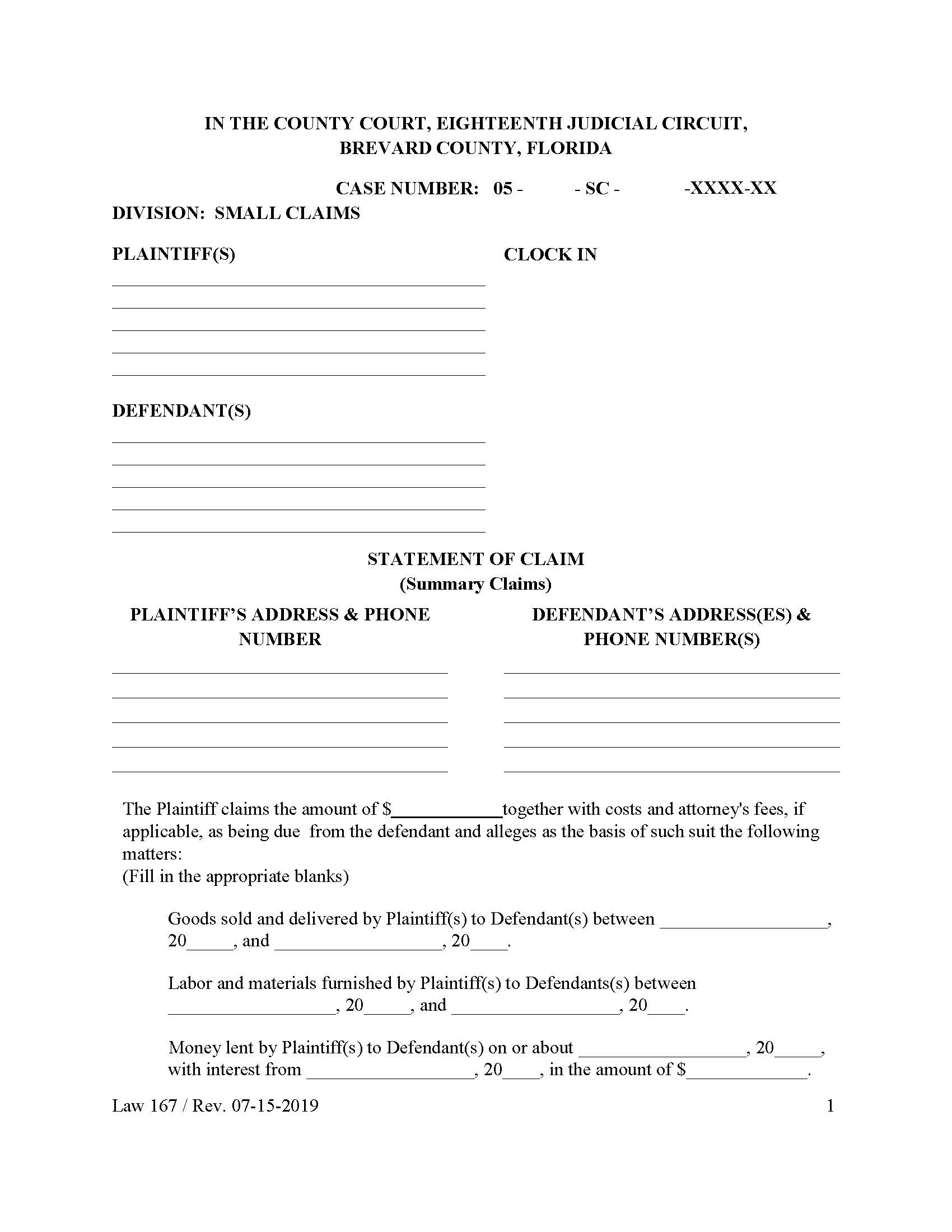 Statement Of Claim {Law 167} | Pdf Fpdf Doc Docx | Florida