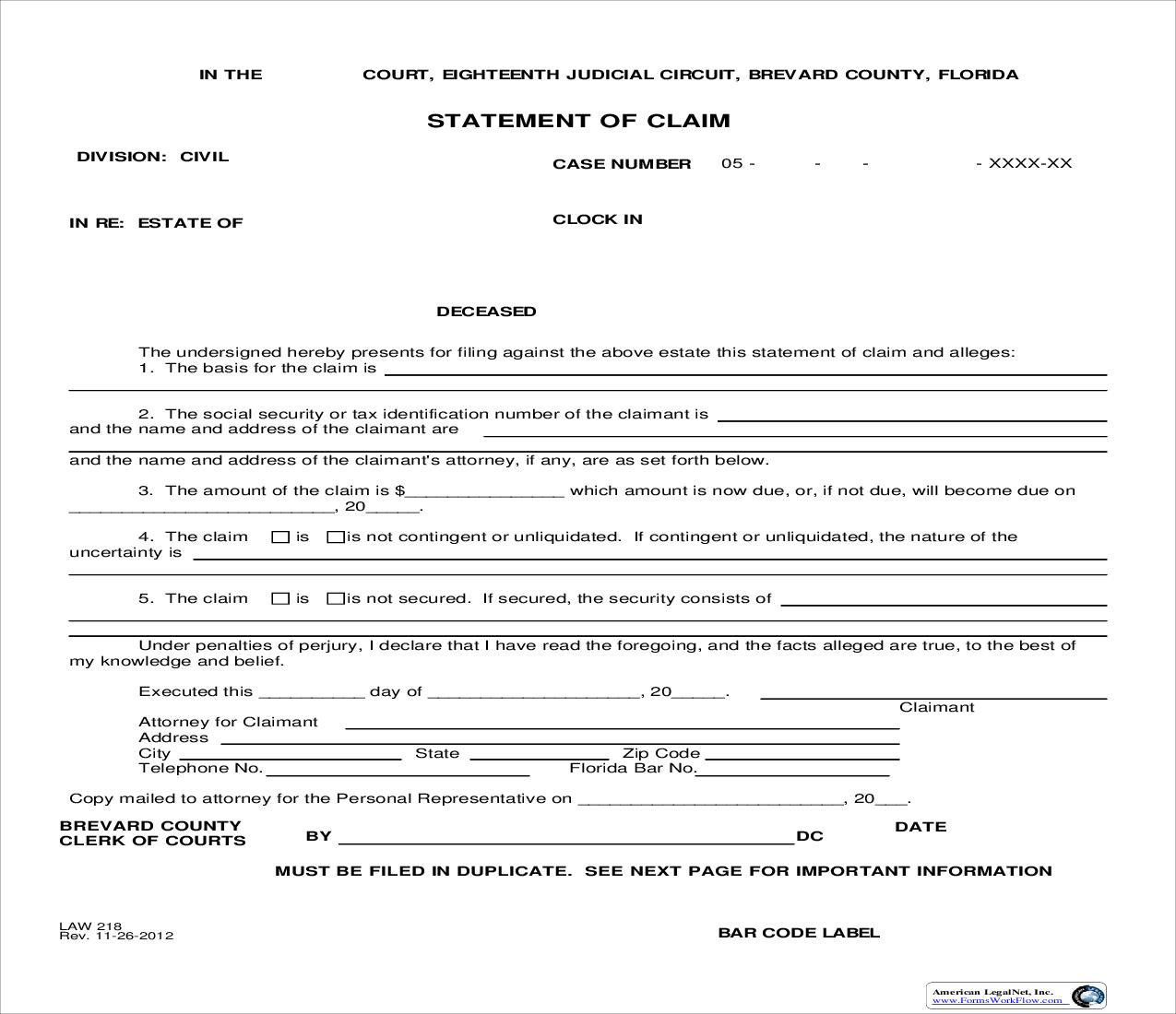 Statement Of Claim {Law 218} | Pdf Fpdf Doc Docx | Florida